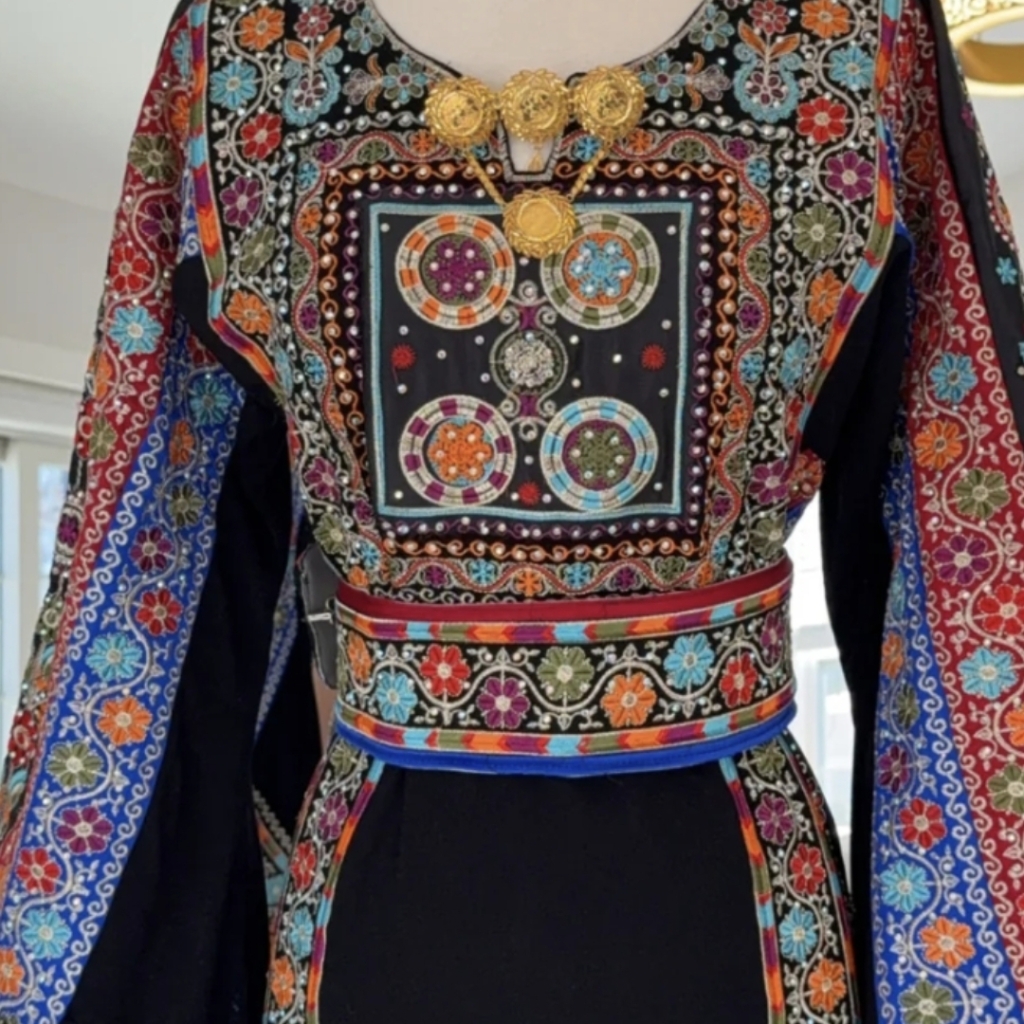 Palastian Thob, Beaded Black Thobe With Heavily Blue Satin Trim Comes With Belt